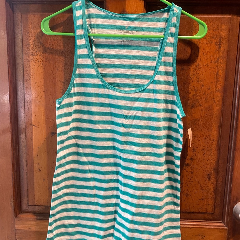 American Eagle Outfitters Teal and White Striped Racerback Tank